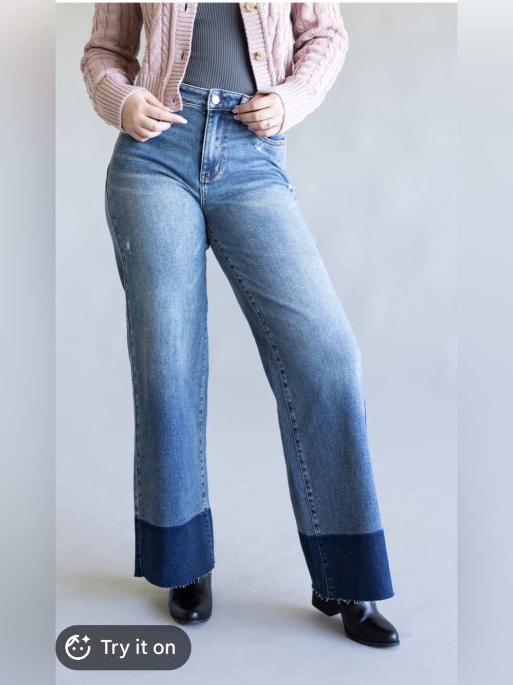 Judy Blue Edge Appeal 2-Tone Wide Leg Jeans in Medium and Dark Blue. 31” inseam